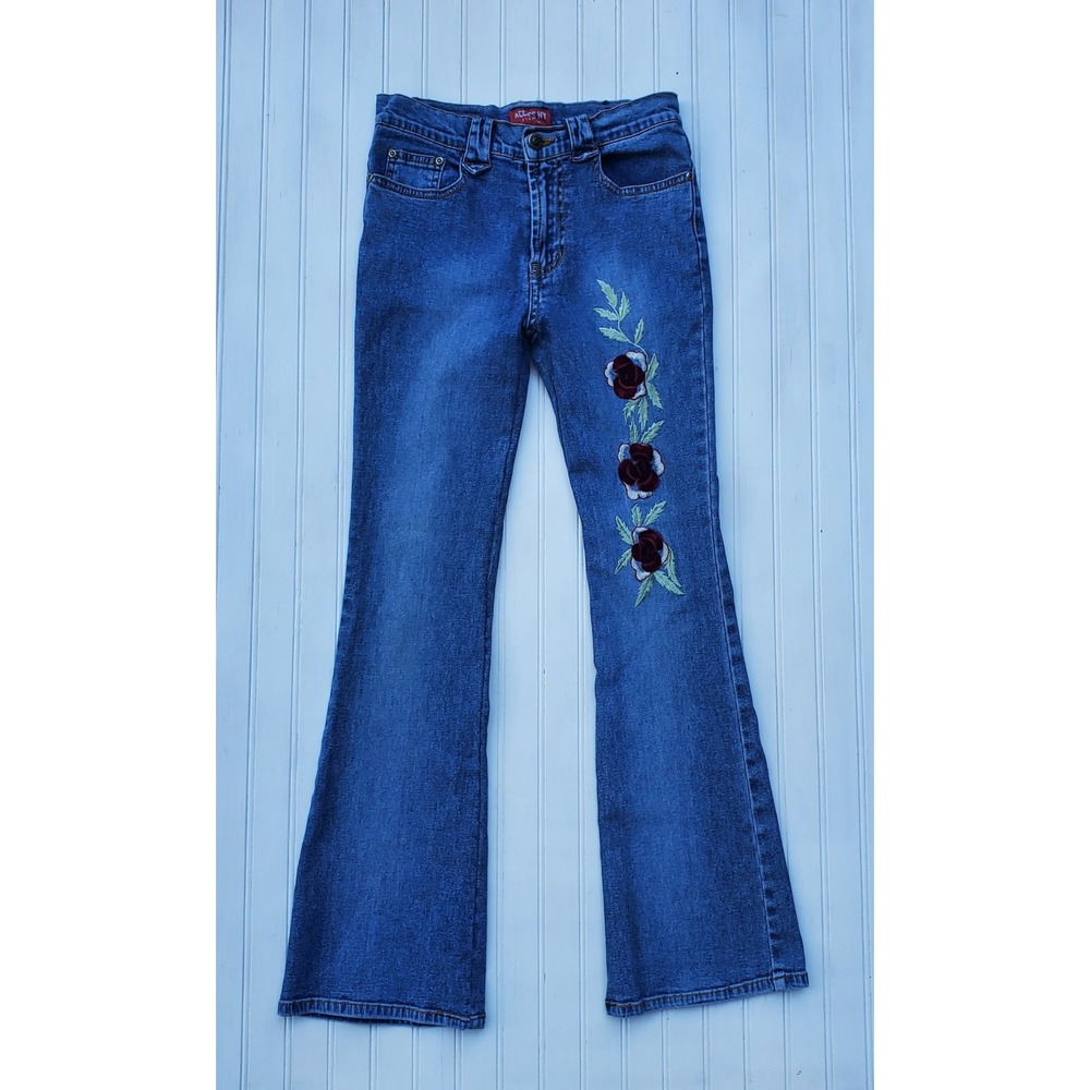 Access NY Girls Blue Floral Embroidered Flare Leg Stretch Denim Jeans Size 14
